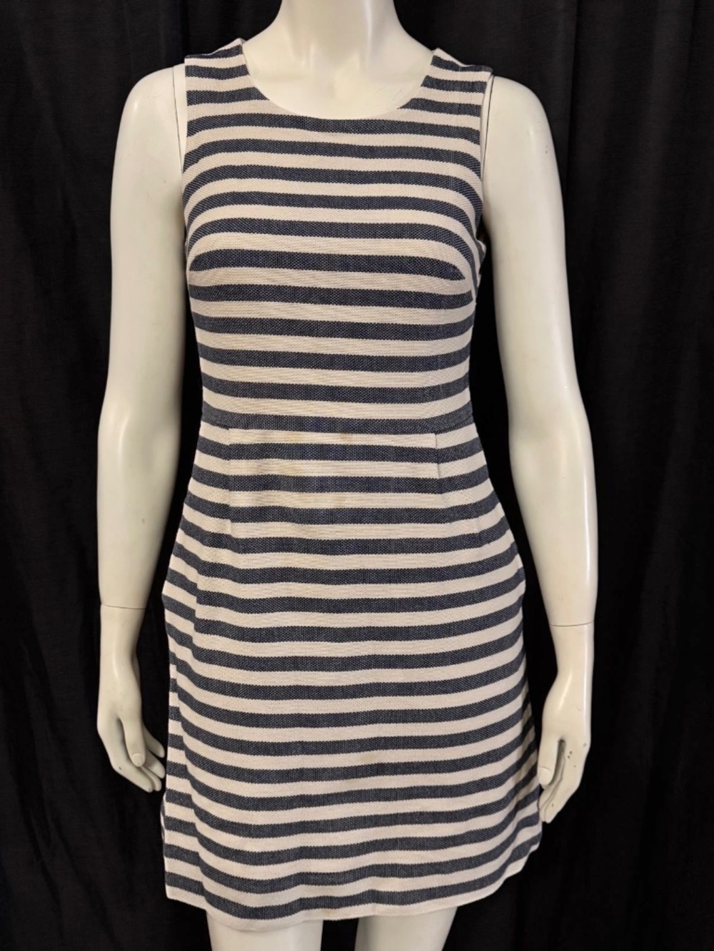 J. Crew Factory Striped Pleated Shift Dress Navy Ecru Cotton Size 2 Pocket